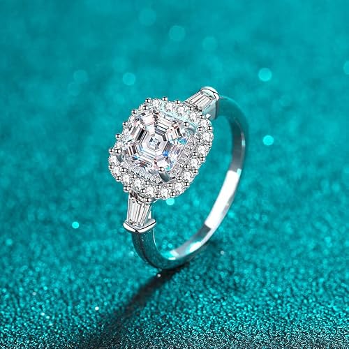 Moissanite 3 Stone Engagement Rings For Women, 2.0 Carat Moissanite Rings Solid Sterling Silver With 18K Gold Plated Chamfer Asscher Trapezoid Cut 3 Stone Anniversary Rings For Women D Color Vvs1 Ring Size 7 #TOP3