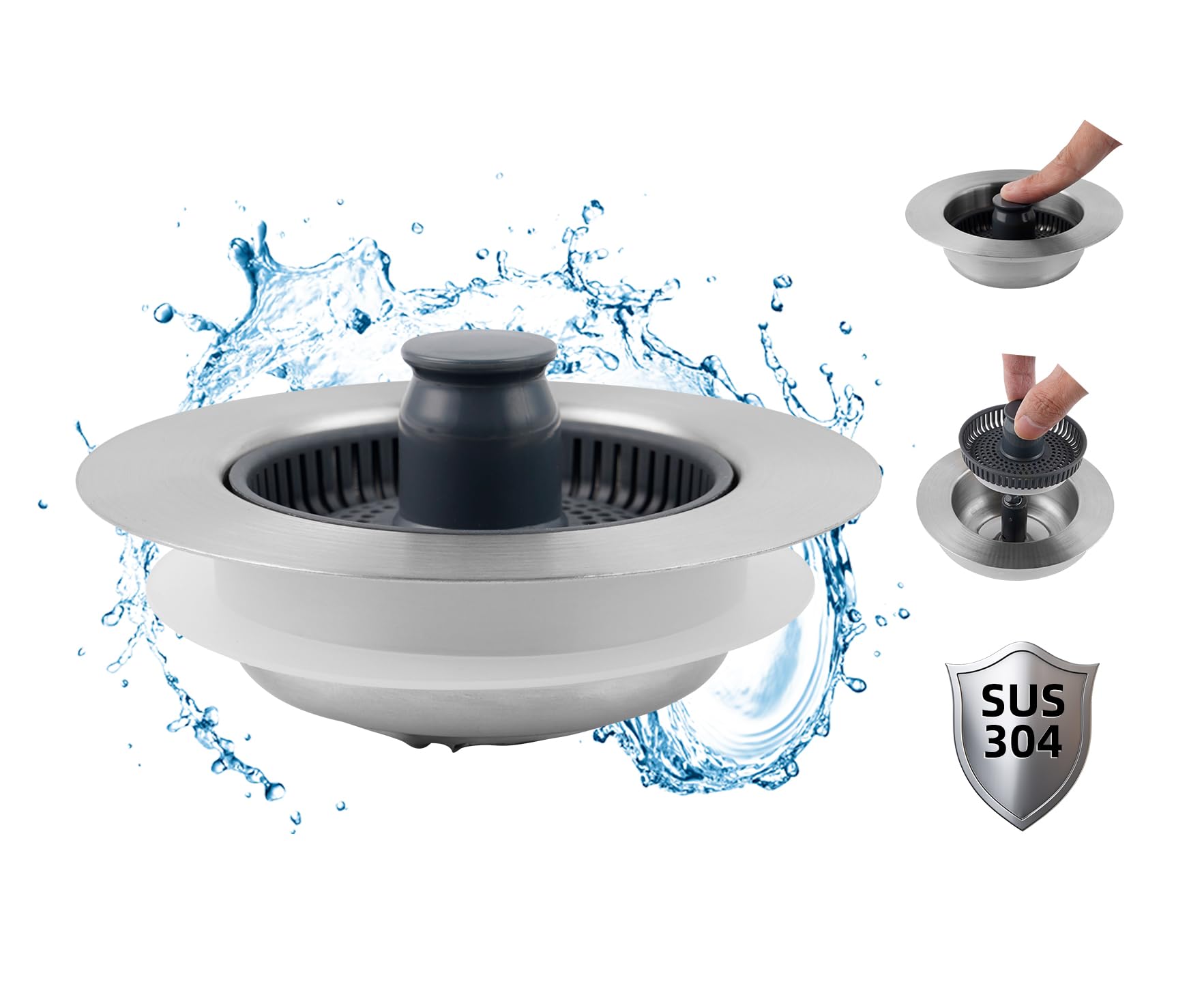 Hibbent Upgraded 3 in 1 Kitchen Sink Drain Strainer and Stopper Combo, Stainless Steel Metal Pop Up Sink Stopper, Anti-Clogging Basket Strainer with Handle for US Standard 3-1/2 Inch Drain