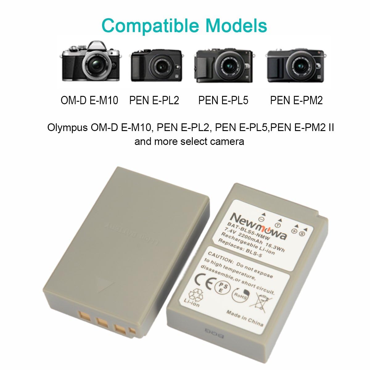 Newmowa Ersatz BLS-5 Batterie (2er Pack) und tragbar USB Ladegerät Kit für Olympus BLS-5, BLS-50, PS-BLS5 Olympus OM-D E-M10, Pen E-PL2, E-PL5, E-PL6, E-PL7, E-PM2, Stylus 1