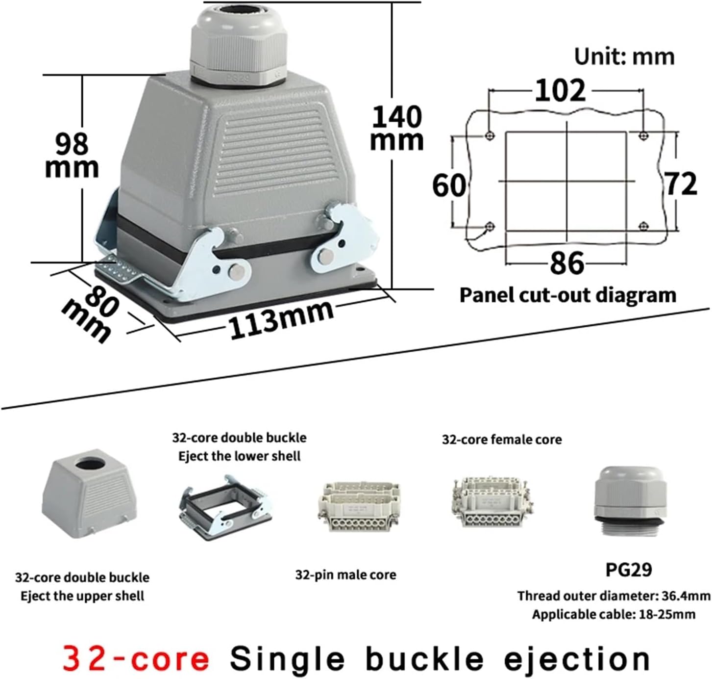 Heavy-duty connector rectangular HDC HE 024 01 aviation plug hot runner machine tool plug-in socket 16A(32core double buckle)