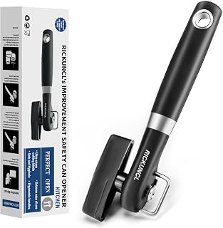 Can Opener Smooth Edge, Safe Cut Can Openers, Oversized Rubber Knob, No Sharp Edges With Soft Grips, Can Openers Hand Held for Kitchen, Easy to Use & Storage - Safety Can Opener Single Handle, Black