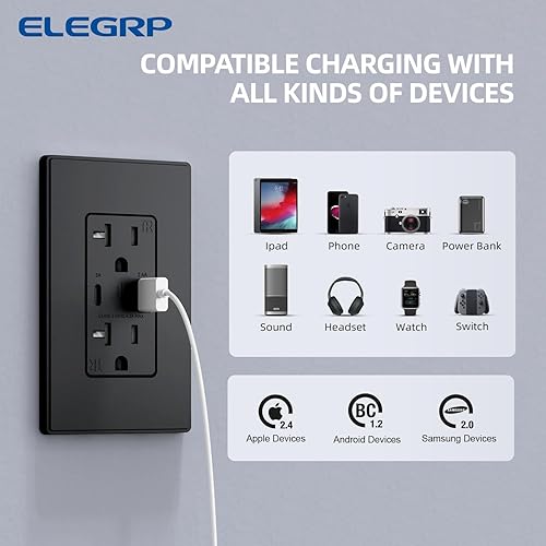 Miniatura 42 de ELEGRP Cargador USB de pared, receptáculo USB con puertos USB tipo A y tipo C, enchufe dúplex de 15 amperios resistente a manipulaciones NEMA 5-15R