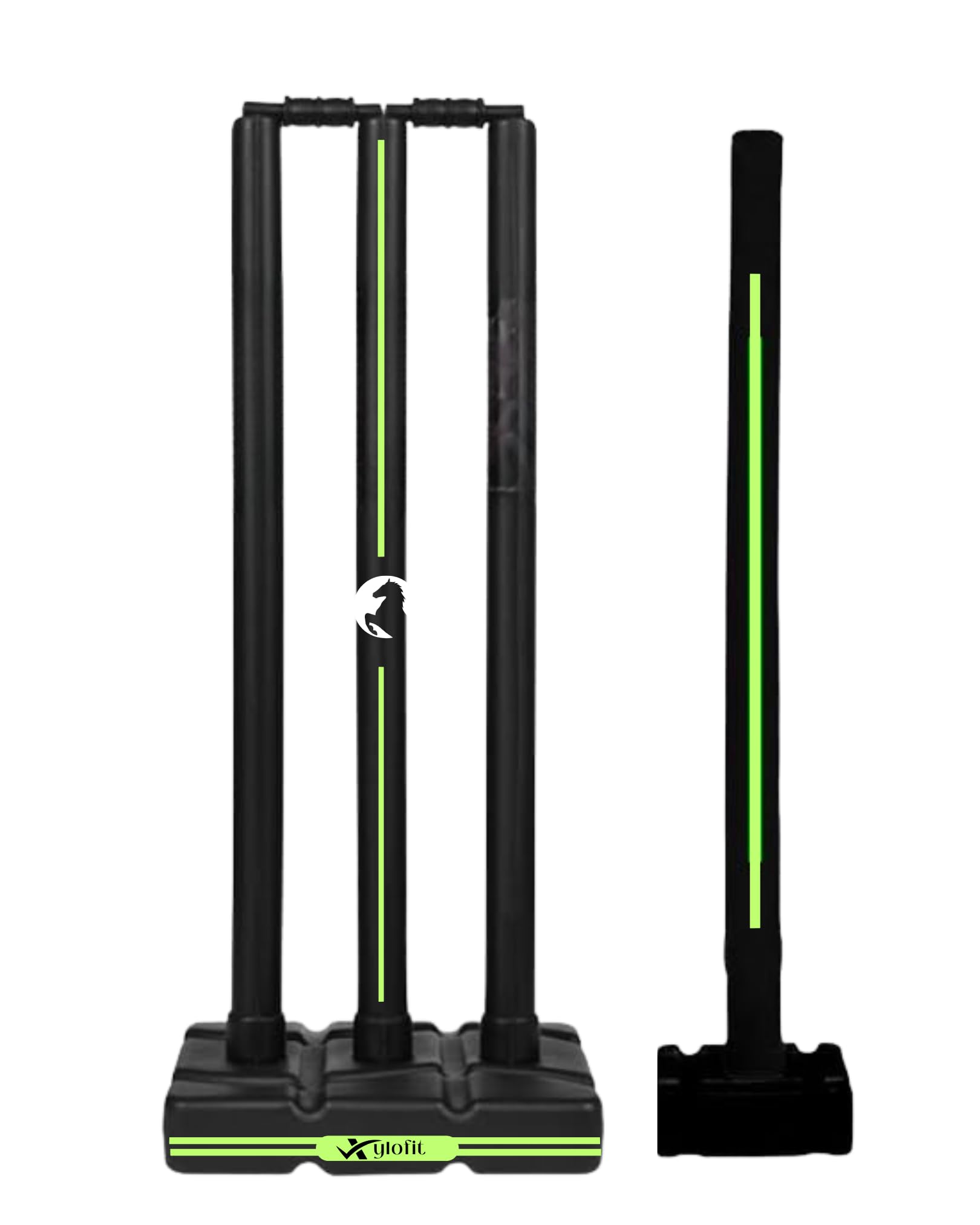Cricket Stumps | PVC Wickets Set with 4 Stumps + 2 Bails + 2 Stands | Full Size Wickets for Cricket Ground, Tournament Wicket | Stumps for Playing | Black with Neon Lines