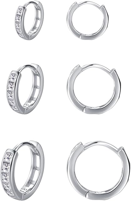 DOKIA Silver Earrings for Women 925 Sterling Silver Post Cartilage Earring with AAA+ Cubic Zirconia Earrings Set for Girls Hypoallergenic Earring Jewellry 8/10/12mm
