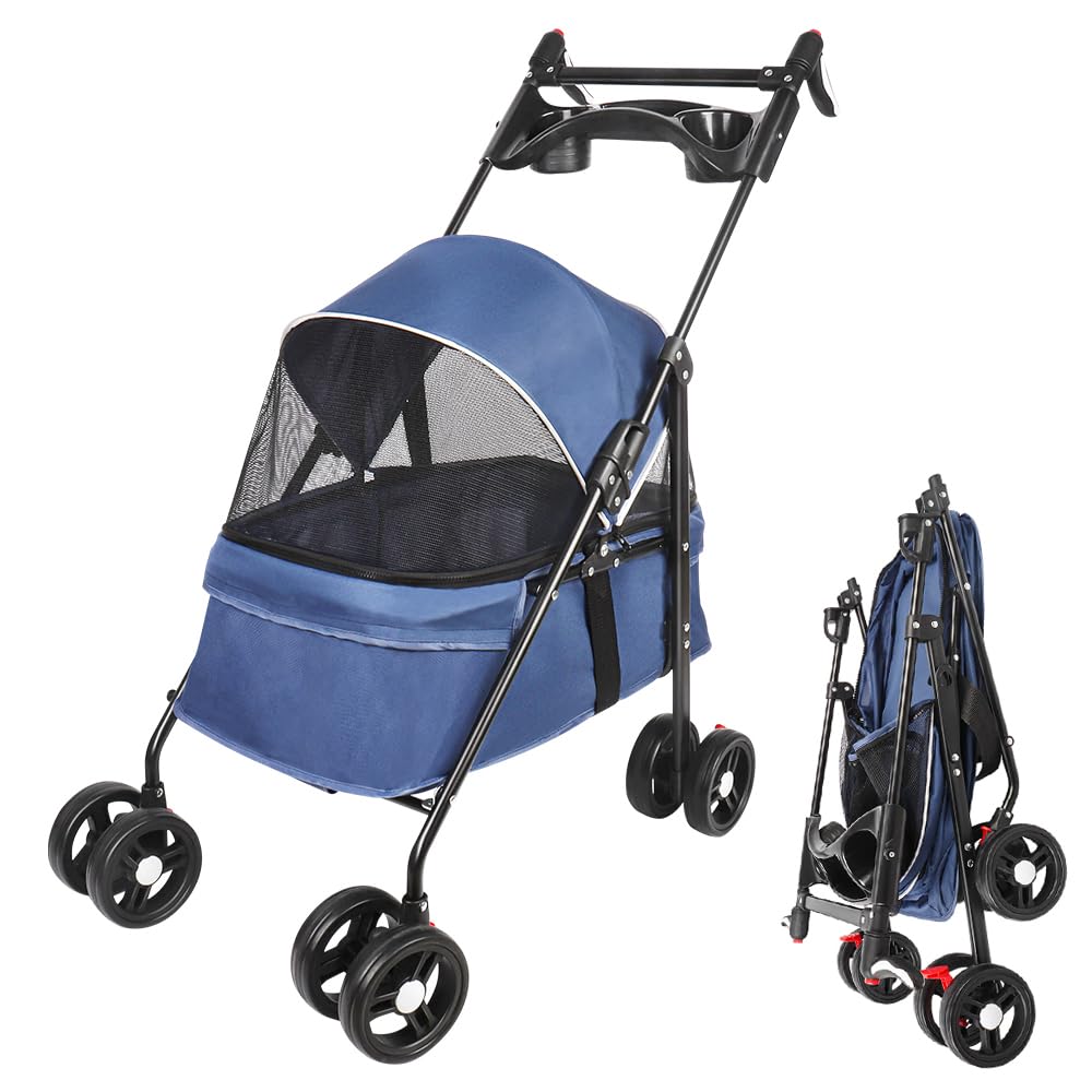 Poussette de voyage pliable pour chiens et chats, poussette de jogging pour chat avec roues, porte-gobelet, auvent réglable, grand panier de rangement et maille visible