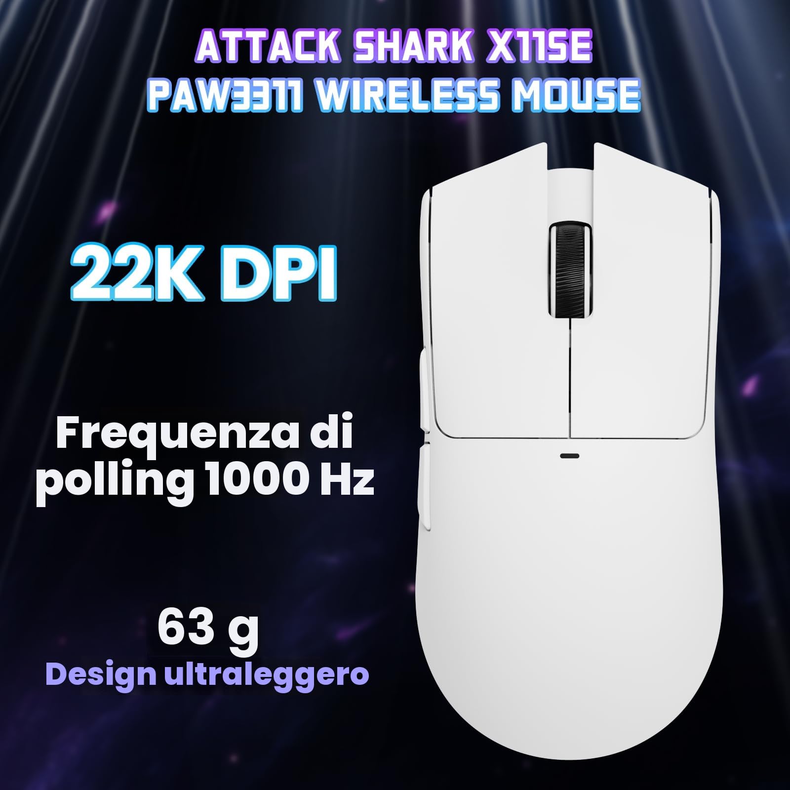 ATTACK SHARK X11SE Mouse da Gioco Wireless, 63g Superleggero con Sensore PixArt PAW3311, 22000 DPI, Tri-Mode BT/2.4 Ghz/Cablato, 1000 Hz, Batteria da 300mAh, Doppio Driver, per PC/Mac (Bianco)