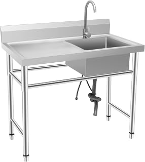 Fregadero de acero inoxidable con mesa de trabajo y grifo mezclador, 1 lavabo profesional, comercial, independiente, 100 x 60 x 93 cm, lavabo multifunción derecho Deluxe para cocina, lavandería garaje