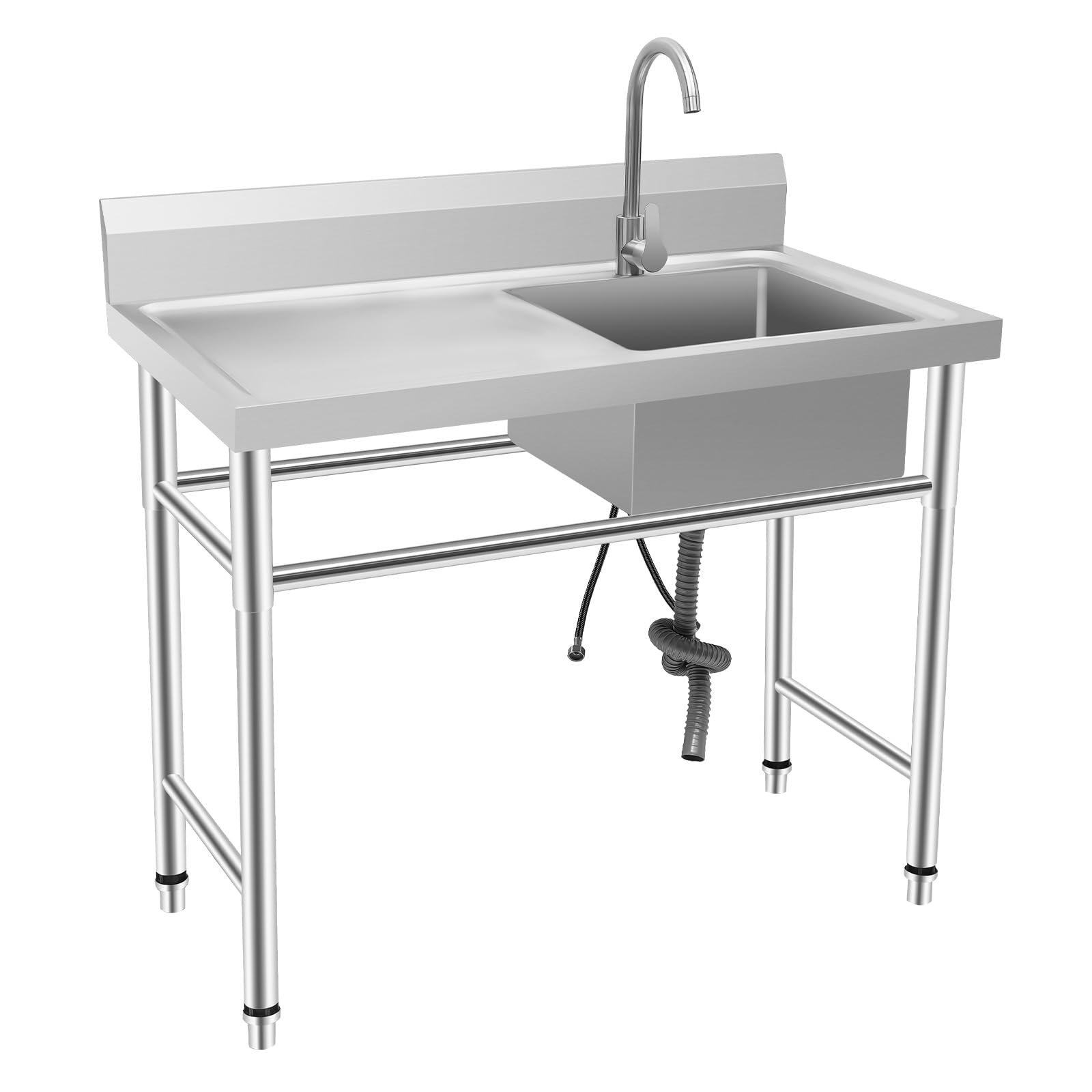 Fregadero de acero inoxidable con mesa de trabajo y grifo mezclador, 1 lavabo profesional, comercial, independiente, 100 x 60 x 93 cm, lavabo multifunción derecho Deluxe para cocina, lavandería garaje