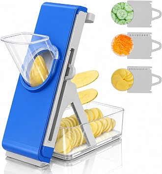 Eletronova Safe Mandoline Slicer for Kitchen, Vegetable Slicer with Container, French Fry Cutter, All in 1 Julienne Slicer for Potato, Thickness Adjustable, Detachable Blade Dark blue