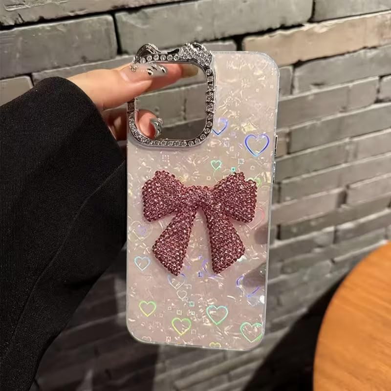 Image of mobistyle Compatible with iPhone 14 Plus | Rhinestone Bow Elegant Heart Shell Pattern and Camera Lens Protection Back Cover Case for Women Girls iPhone 14 Plus (Pink)