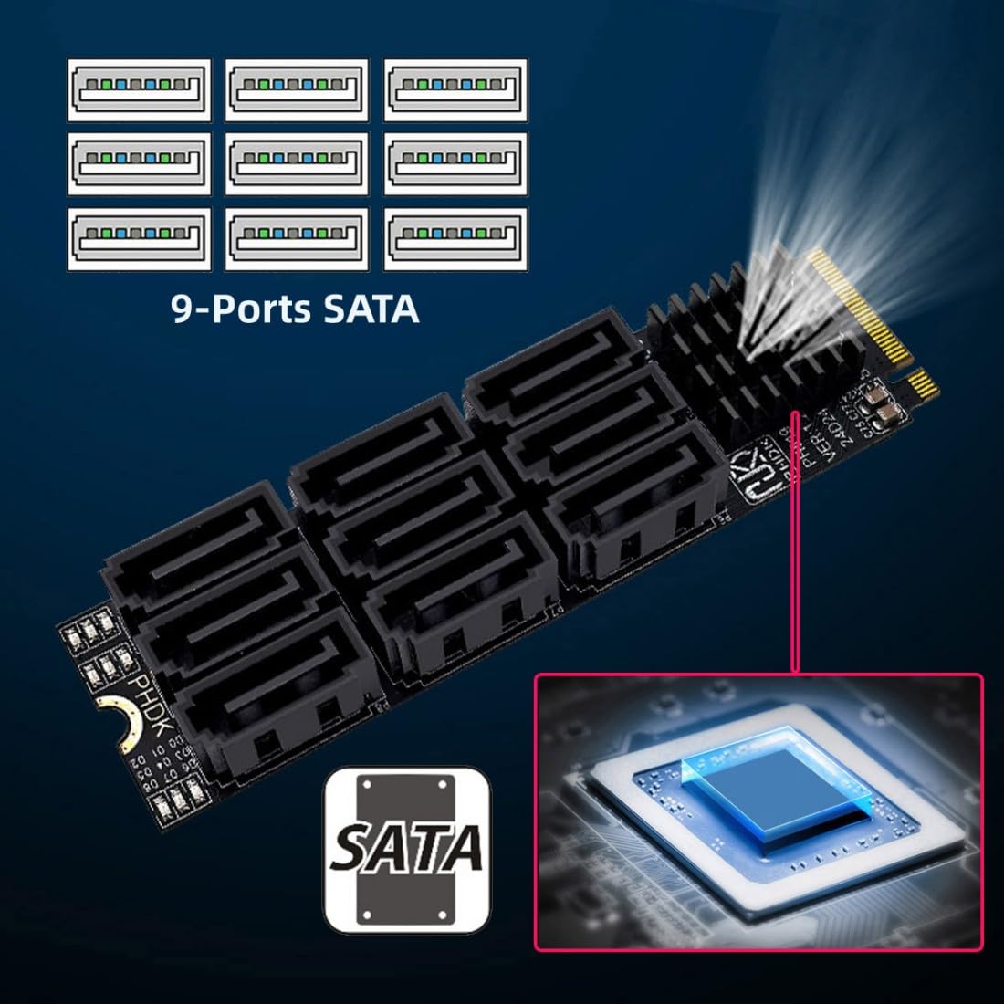 chenyang Adaptador de 9 puertos M.2 a SATA 3.0, PCIe 3.0 a SATA III, adaptador de tarjeta de expansión de 6 Gbps con indicador inteligente