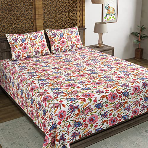 Image of BLOCKS OF INDIA Hand Block Printed 200 TC Cotton Super King Size Bedsheet(106 x 106) (White JAAL)