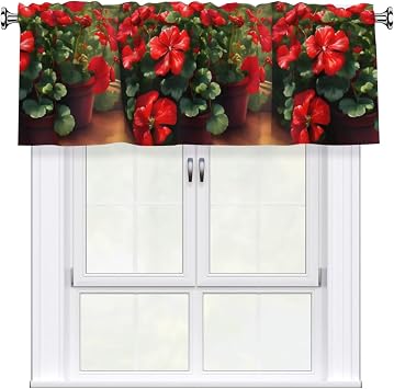 Short Curtains with Valance Rod 54x18in Red geraniums Picture for Kitchen, Bathroom, Laundry Room, Studio, Fits Most Standard or Decorative Curtain Rods