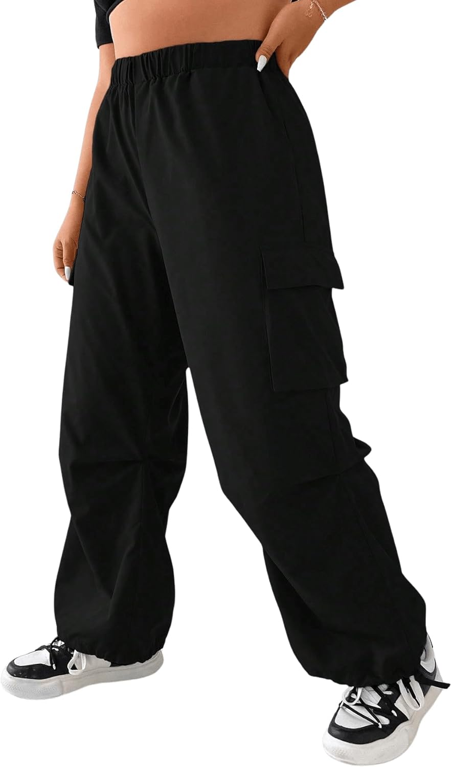 OYOANGLE Women's Plus Size Elastic High Waist Flap Pocket Cargo Pants Streetwear Loose Baggy Trousers with Pocket - Image 6