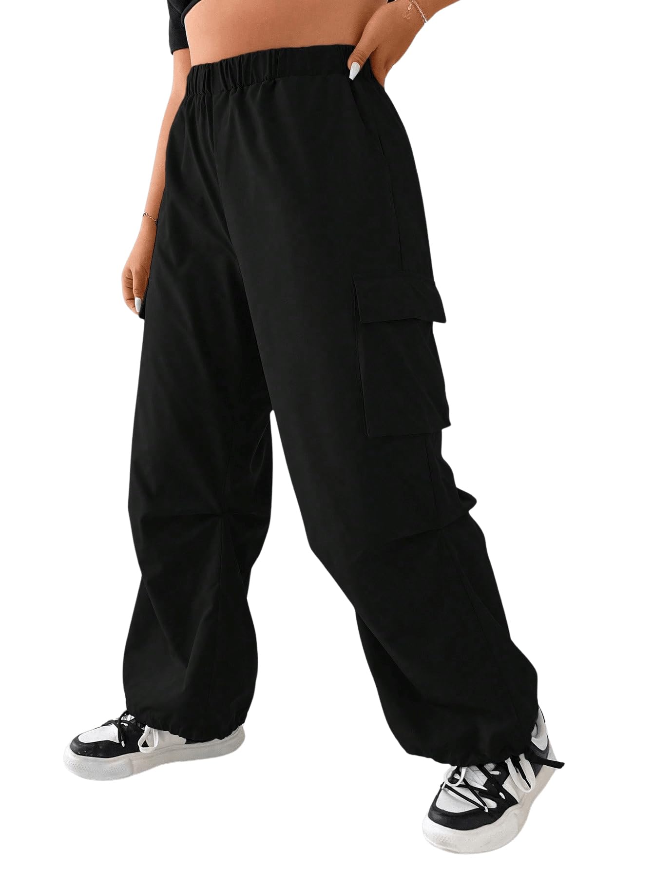 OYOANGLE Women's Plus Size Elastic High Waist Flap Pocket Cargo Pants Streetwear Loose Baggy Trousers with Pocket