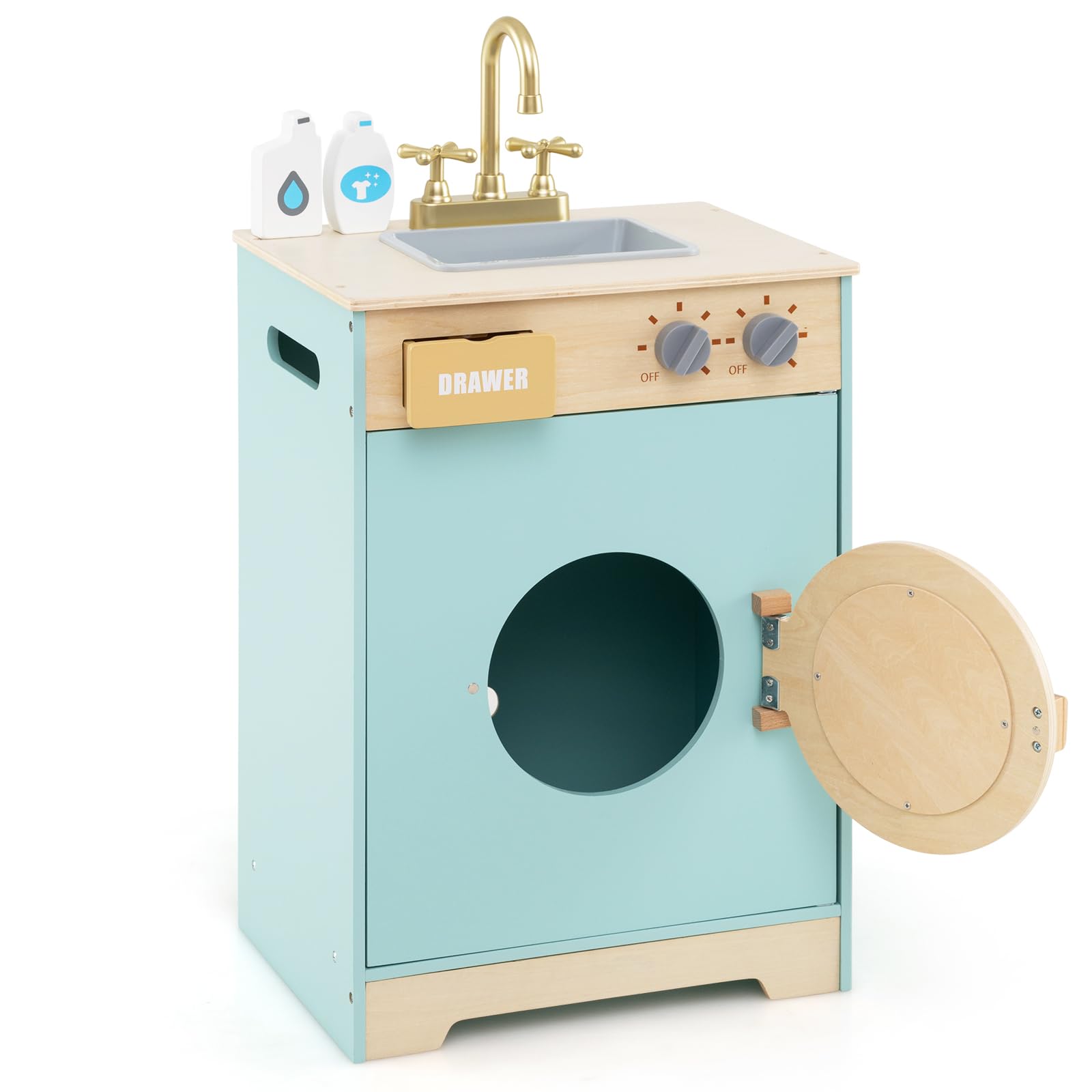 COSTWAY Set di Gioco Lavatrice per Bambini, Giocattolo Lavatrice con Detersivo e Igienizzante per le Mani, Set in Legno con Lavabo, Cassetto e Ruota Rotante, Regalo per Bambini dai 3+ Anni