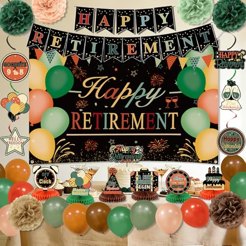 Image of Retirement Party Decorations for Men Women Vintage Happy Retirement Banner Backdrop Balloons Paper Pompoms Honeycomb Centerpiece Cake Topper Hanging Swirl Set