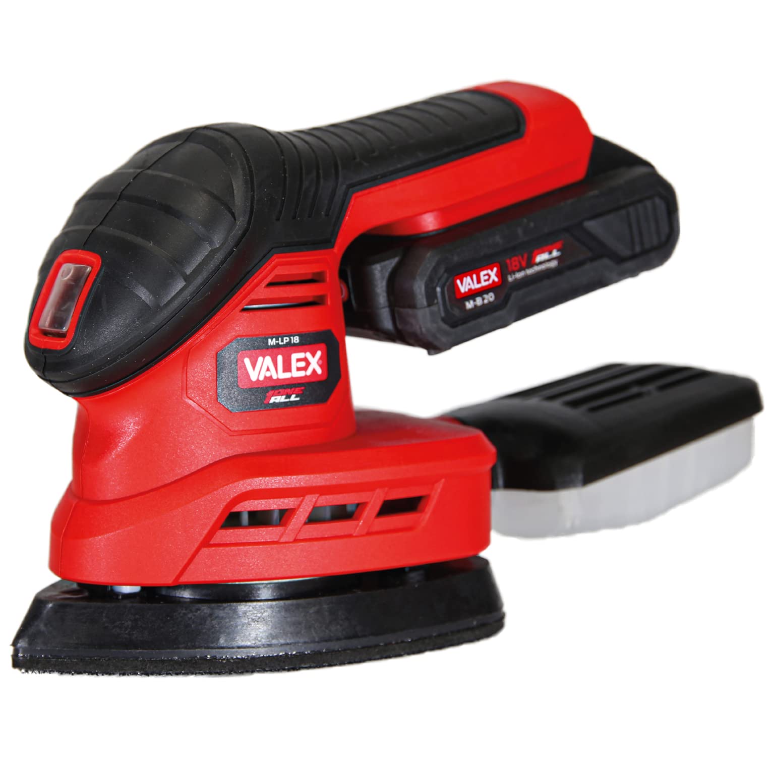 Valex M-LP18 Levigatrice Palmare a Batteria OneAll 18V in Kit con Batteria 2Ah e Caricabatterie 1,7A, 6 Fogli Abrasivi inclusi.