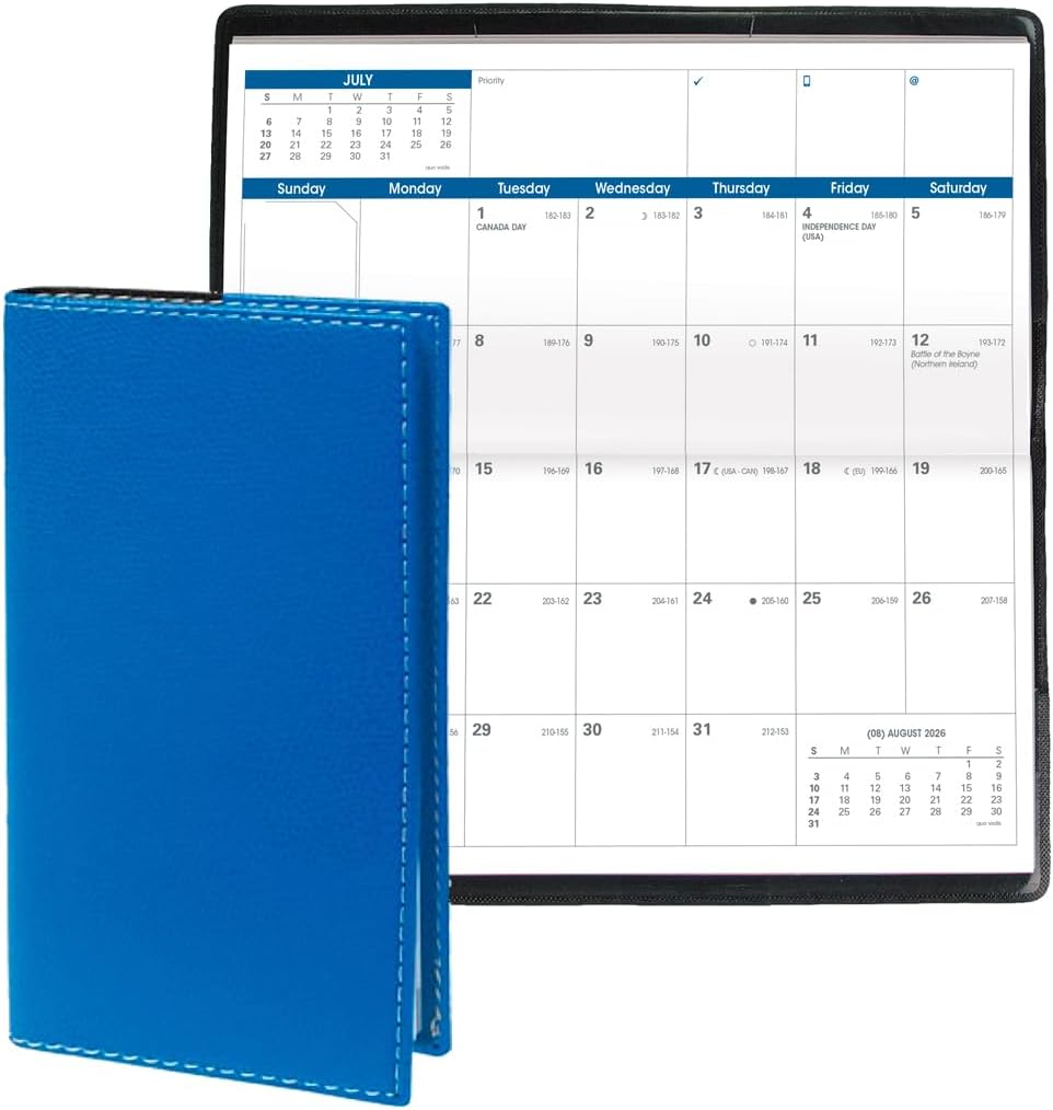 Quo Vadis 2026 Visoplan - Monthly Planner - 12 Months, Jan. to Dec. - 6 3/4 x 3 1/2" - Grained Faux Leather Club Blue Cover - Pocket Calendar Organizer