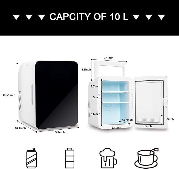 Mini Fridge for Bedrooms 10L/12 Cans with AC/DC Powered, Quiet Mode, Small Skincare Portable Beauty Fridge for Cosmetic, Office or Car, Black - 4