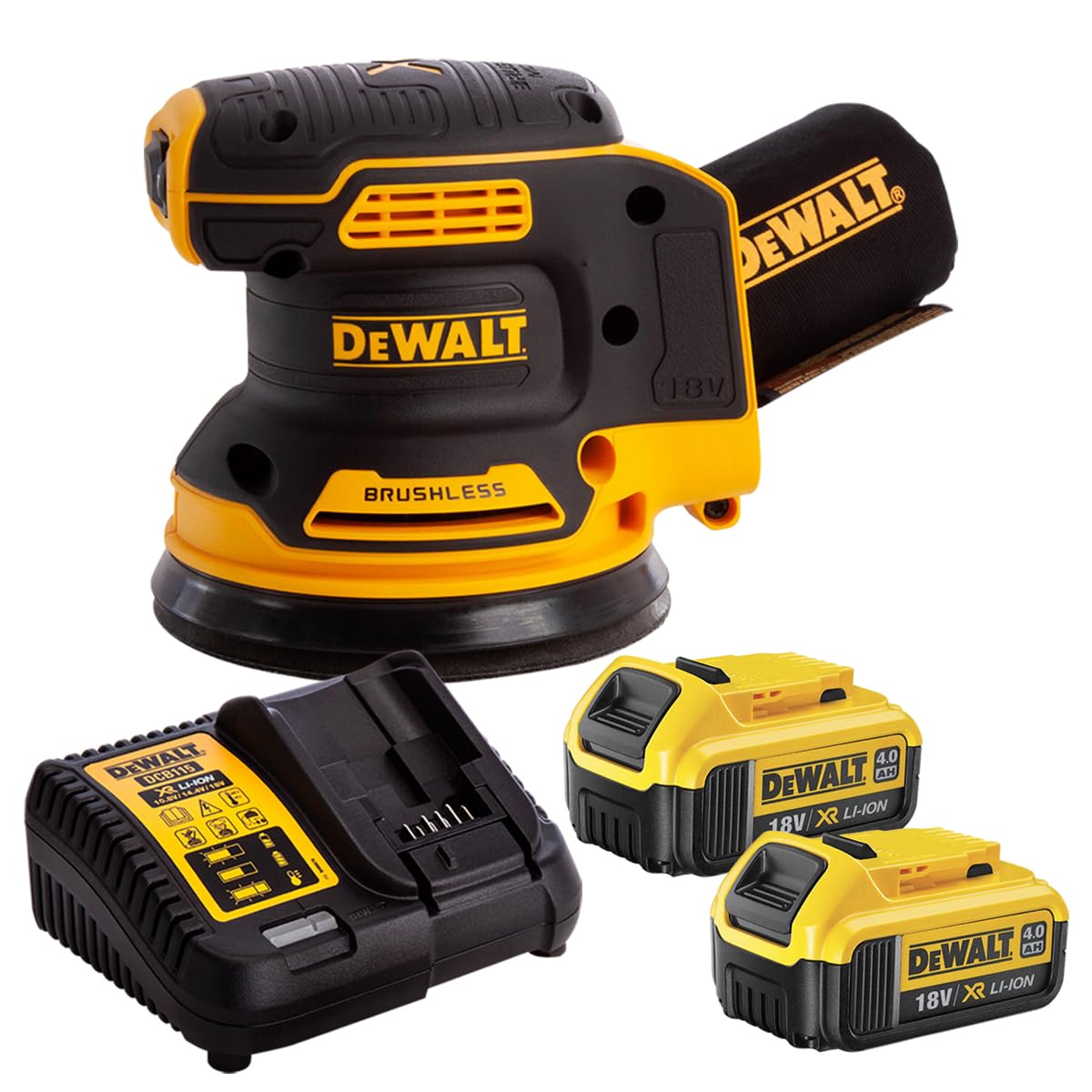 Dewalt DCW210N 18V Brushless 125mm Random Orbital Sander with 2 x 4.0Ah DCB182 Batteries & Charger