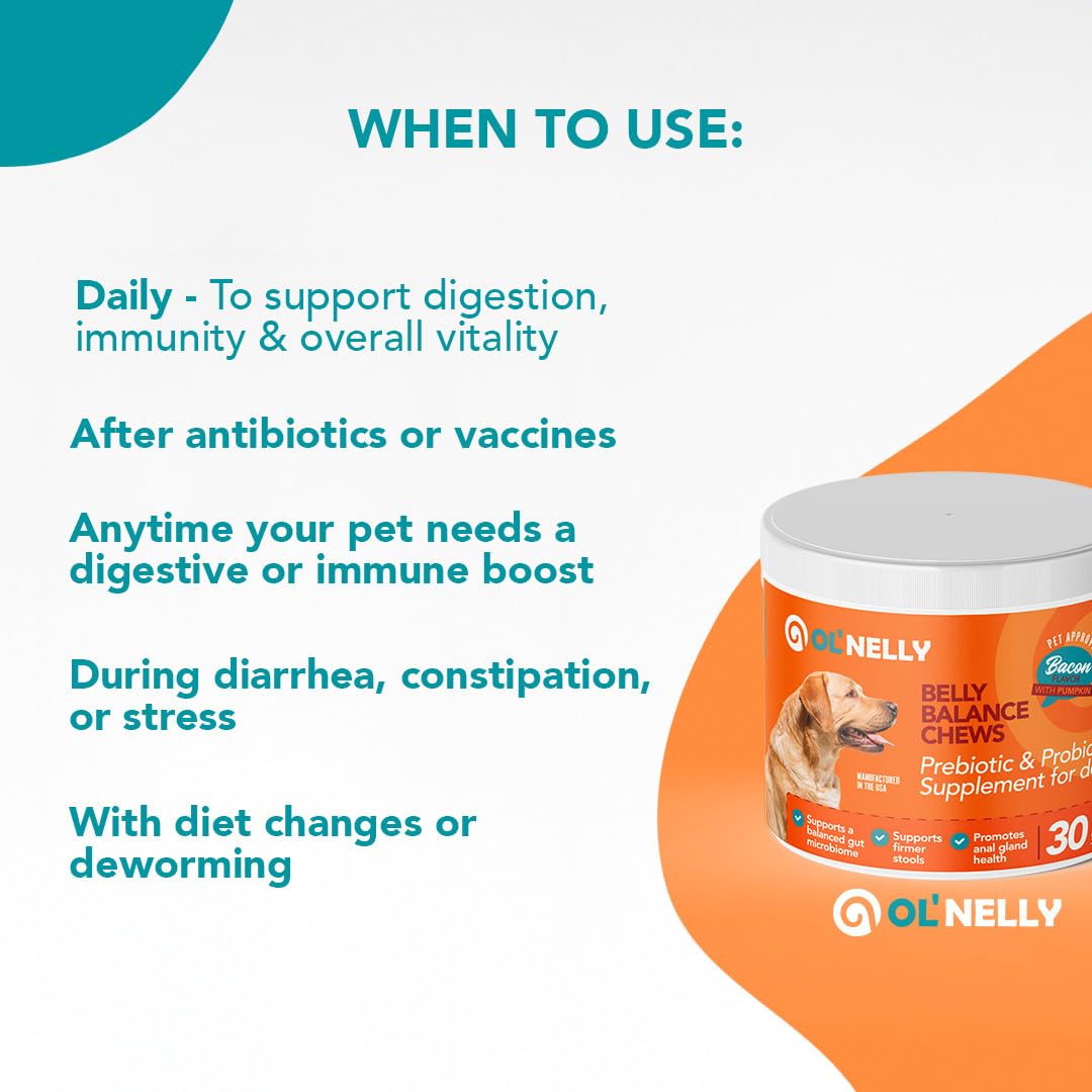 Dog Probiotic Chews – Pre & Probiotics for Dogs with Pumpkin-Digestive & Gut Health Support, Helps with Diarrhea, Gas & Constipation, Bacon Flavor, 30 Soft Chews – Ol'Nelly - image 6