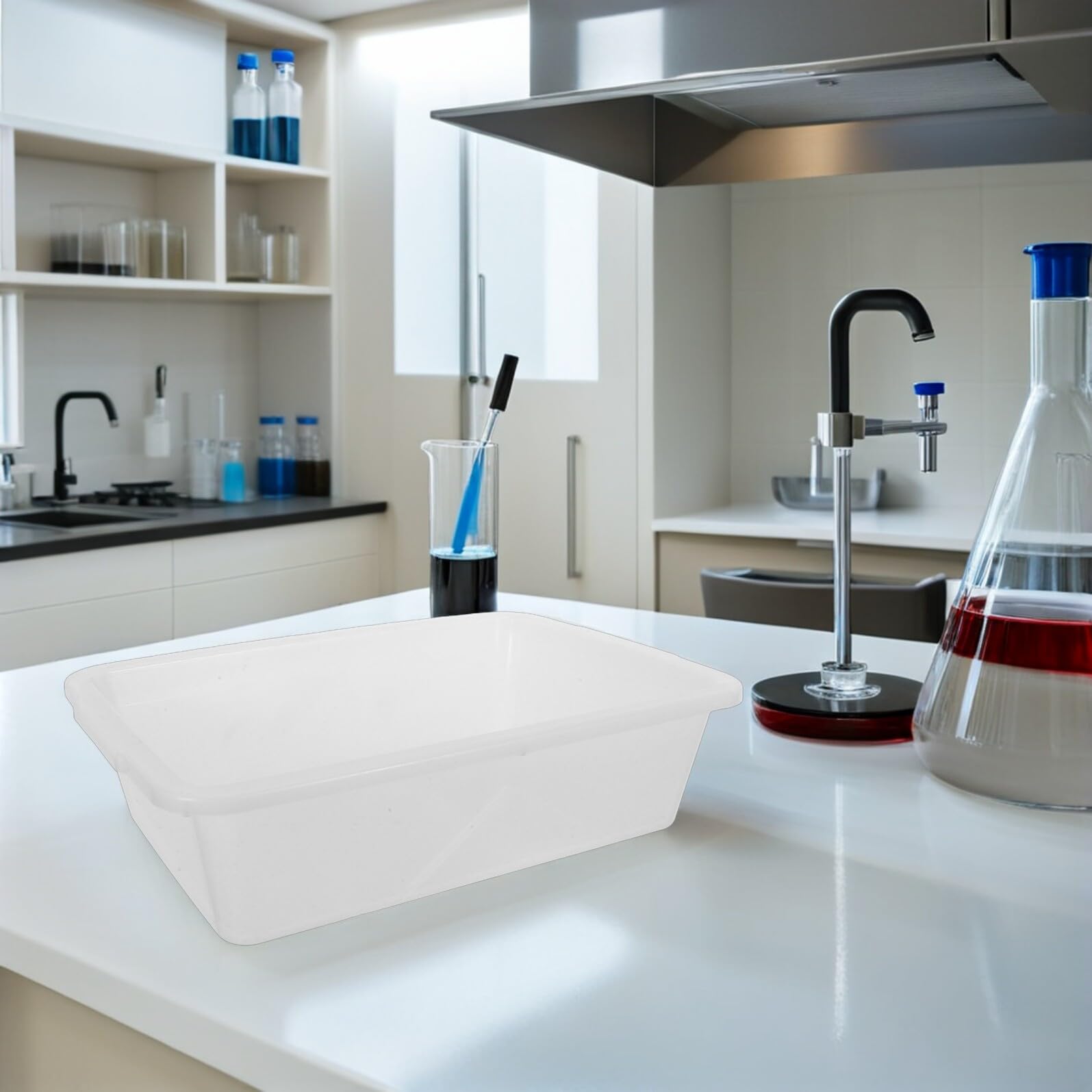 4 Pièces Plateau Rectangulaire en Plastique Blanc Résistant aux Produits Chimiques pour Expériences en Laboratoire, Bac Étanche pour Échantillons et Substances Diverses, Dimensions