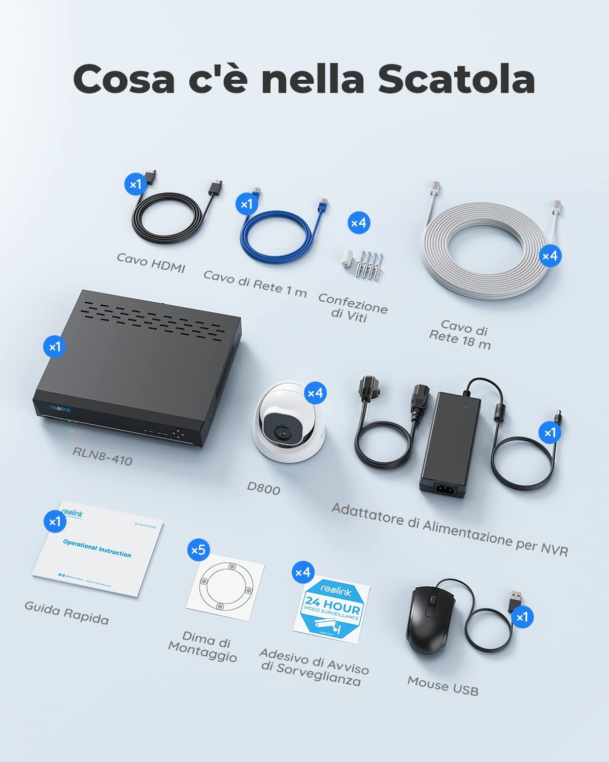 Reolink 4K Poe Kit Telecamere Videosorveglianza, Rilevamento di Uomo/Veicolo, NVR 8CH 2TB + 4X Telecamera Esterno, Visione Notturna IR 30m, Espandibile a 16TB, Impermeabile IP67, RLK8-800D4