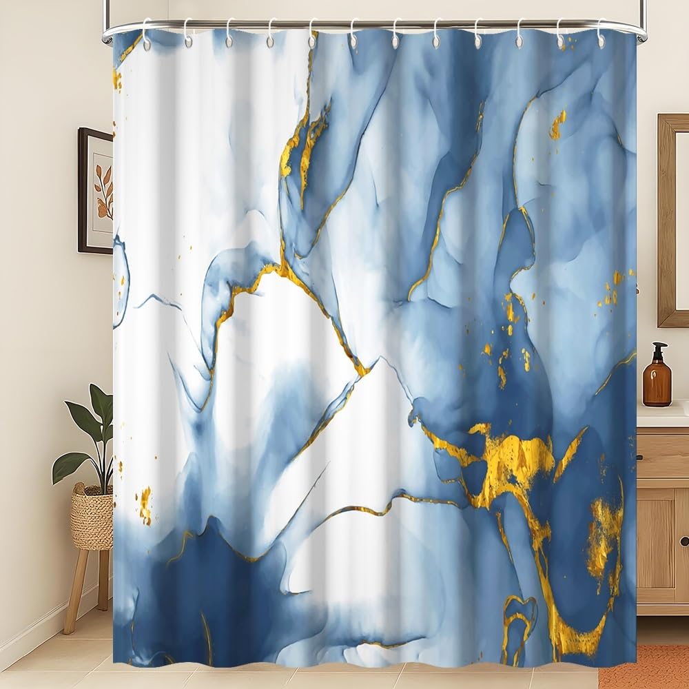 Xiaoterna Blue and White Gold Dots Marble Shower Curtain Modern Art Waterproof Bathroom Curtain Abstract Contemporary Aesthetic Washable Mildew Resistant Polyester Bathroom Decoration 105x160cm โ image 1