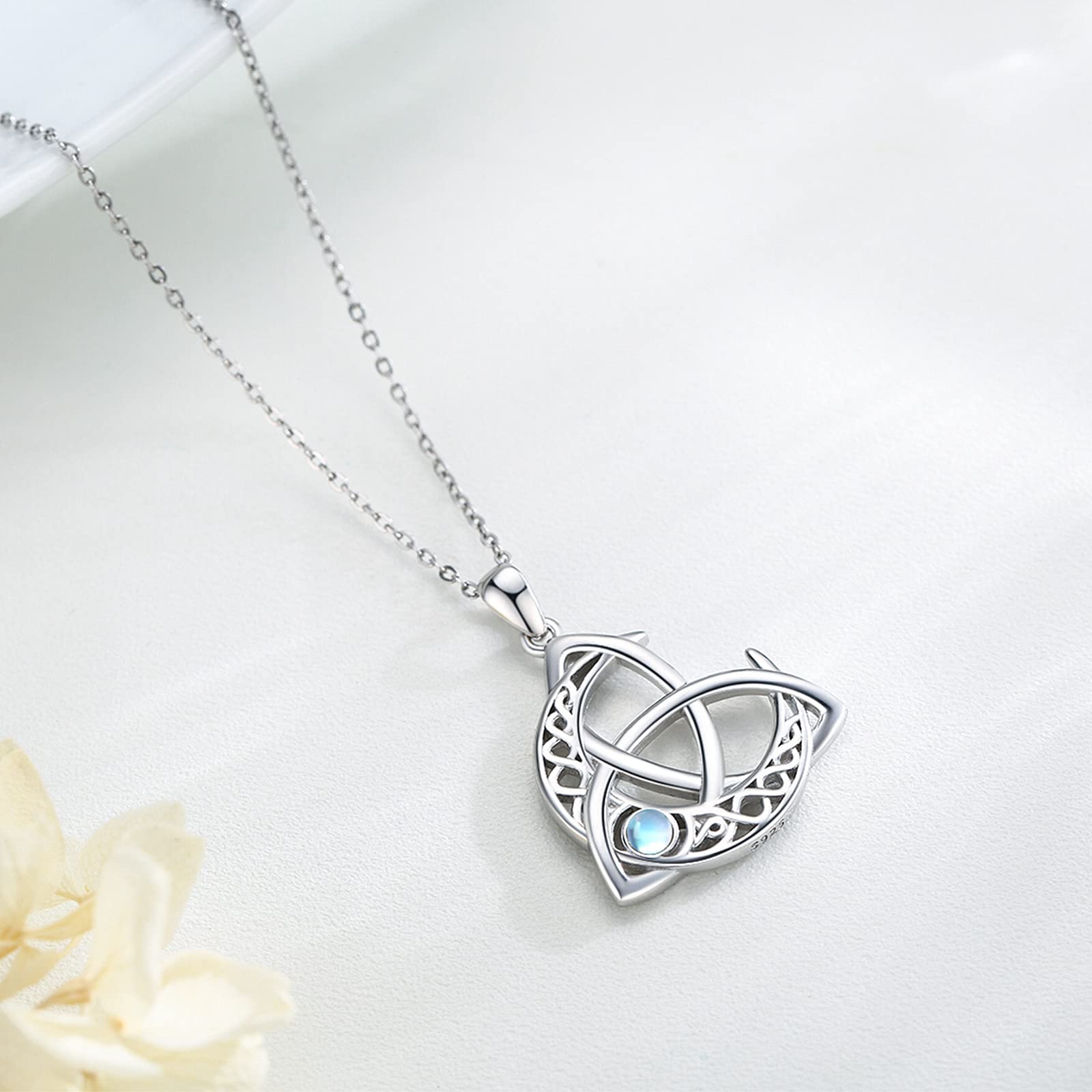 Midir&Etain Keltische Kette 925 Sterling Silber Keltischer Mond Anhänger Halskette Trinity Knot Mondstein Mond Göttin Halskette Schmuck Geschenke für Frauen Damen Mädchen