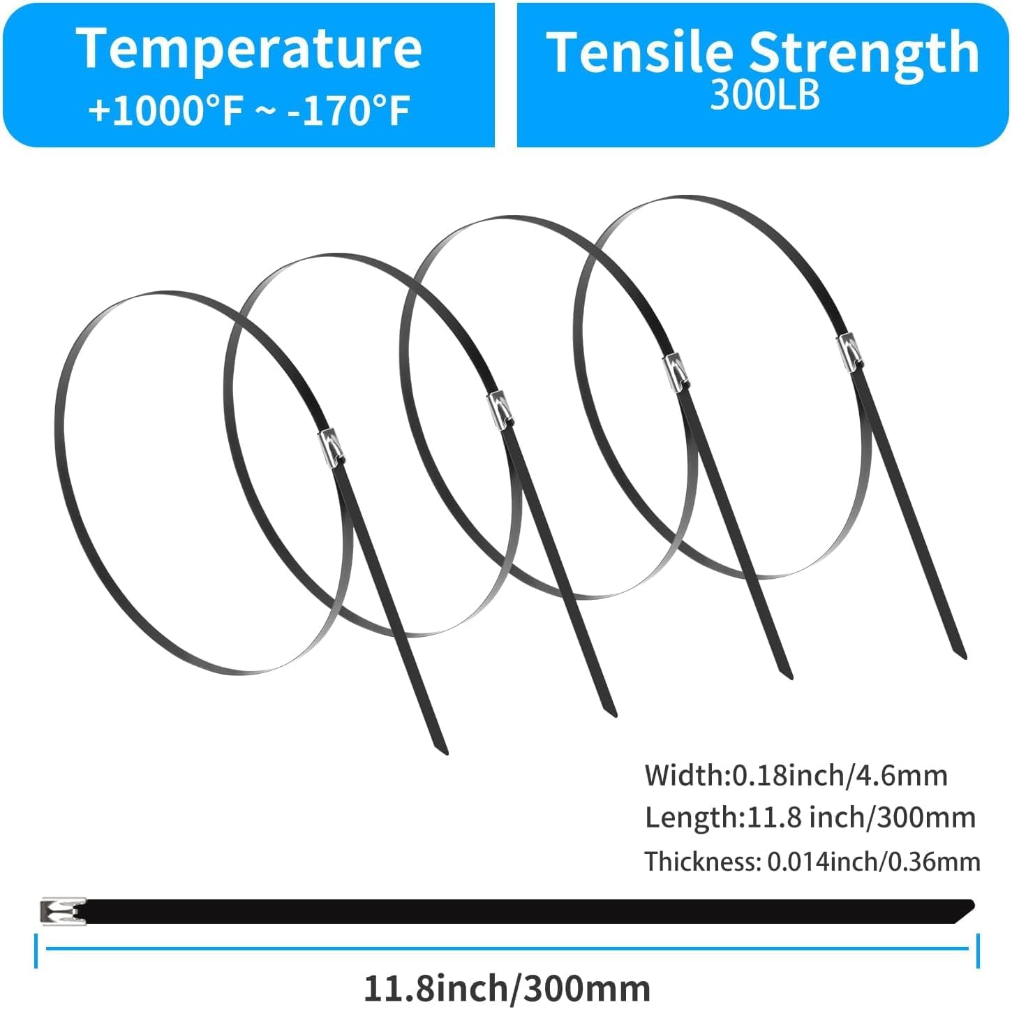 XINGO 11.8 inch Black Metal Zip Ties (600 Pack), 304 Stainless Steel Heavy Duty Zip Ties, 300lbs Tensile Strength, Multi-Purpose Self-locking Cable Ties for Exhaust Wrap, Outdoor and Canopy Etc