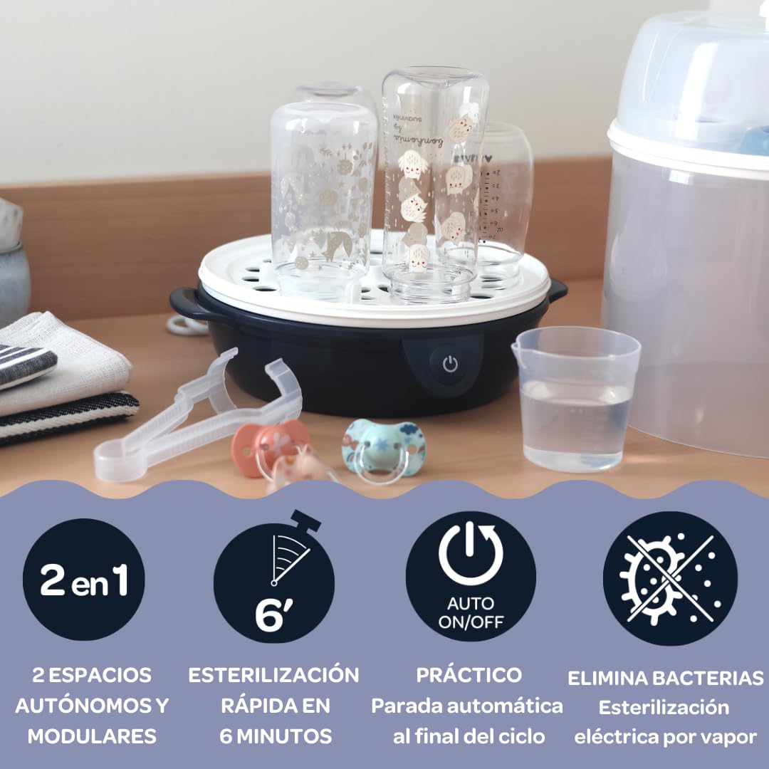 BÉABA, Esterilizador de biberones 2 en 1, Evolutivo, Vapor eléctrico, 2 en 1, 2 compartimentos, hasta 8 biberones y accesorios, Ultra rápido, Temporizador, Steril'Express, Azul noche