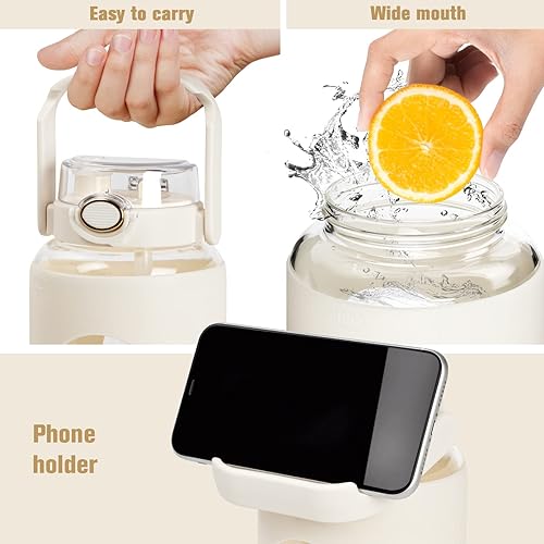 Miniatura 3 de Botella de agua de vidrio de 64 onzas con pajilla, botellas de agua transparentes con mano y tapa, botella de agua de medio galón con funda de