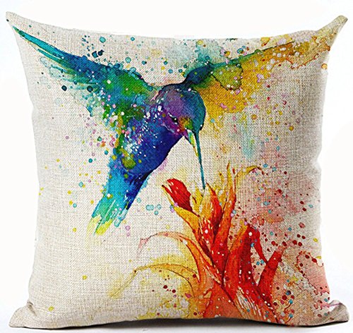 Beautiful Ink Painting Hummingbird Red Flower Musa Coccinea Home Cotton Linen Throw Pillow Case Personalized Cushion Cover New Home Office Decorative Square 18 X 18 Inches
