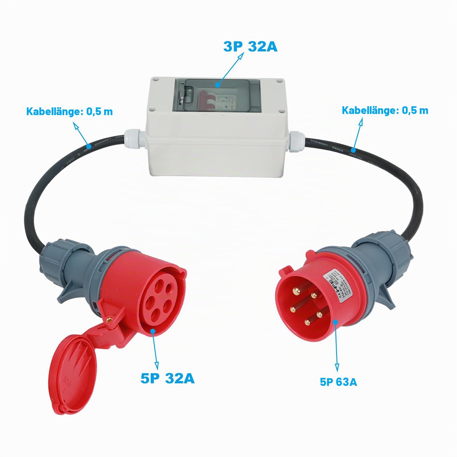 MENAYODA CEE Adapter 63A 400V Stecker auf 32A 400V Kupplung Starkstrom mit Leitungsschutzschalter 32A - IP44 CEE Stecker H07RN-F 5G6 Gummi Starkstromkabel, MENTUC1073