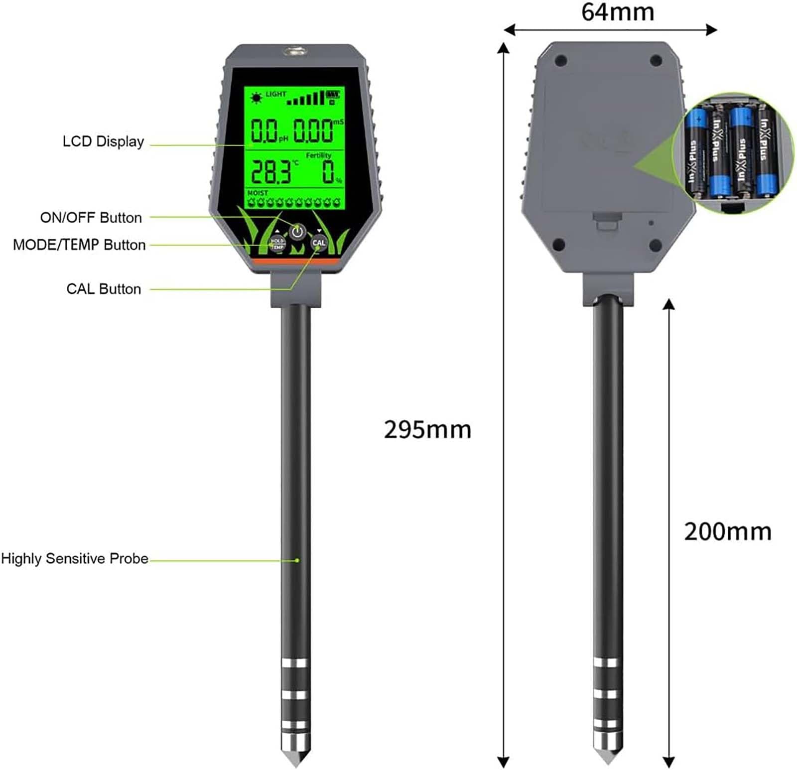Tester del PH del Terreno ad Alta precisione Strumento di Test della conducibilità del Terreno Dispositivo di rilevamento del Terreno Portatile Rilevatore di PH/conducibilità/inten