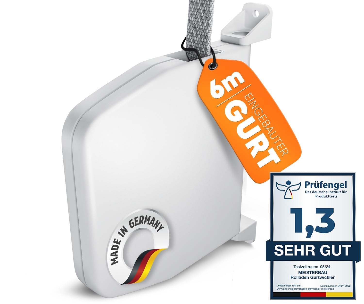 MEISTERBAU - Rolladen Gurtwickler Aufputz 14mm [Made in Germany] - Aufklappbarer Rollladen Aufwickler mit Integriertem 6m Rolladengurt 14mm - 180° schwenkbarer Rolladen-Gurtwickler - Inkl. Aufbauvideo