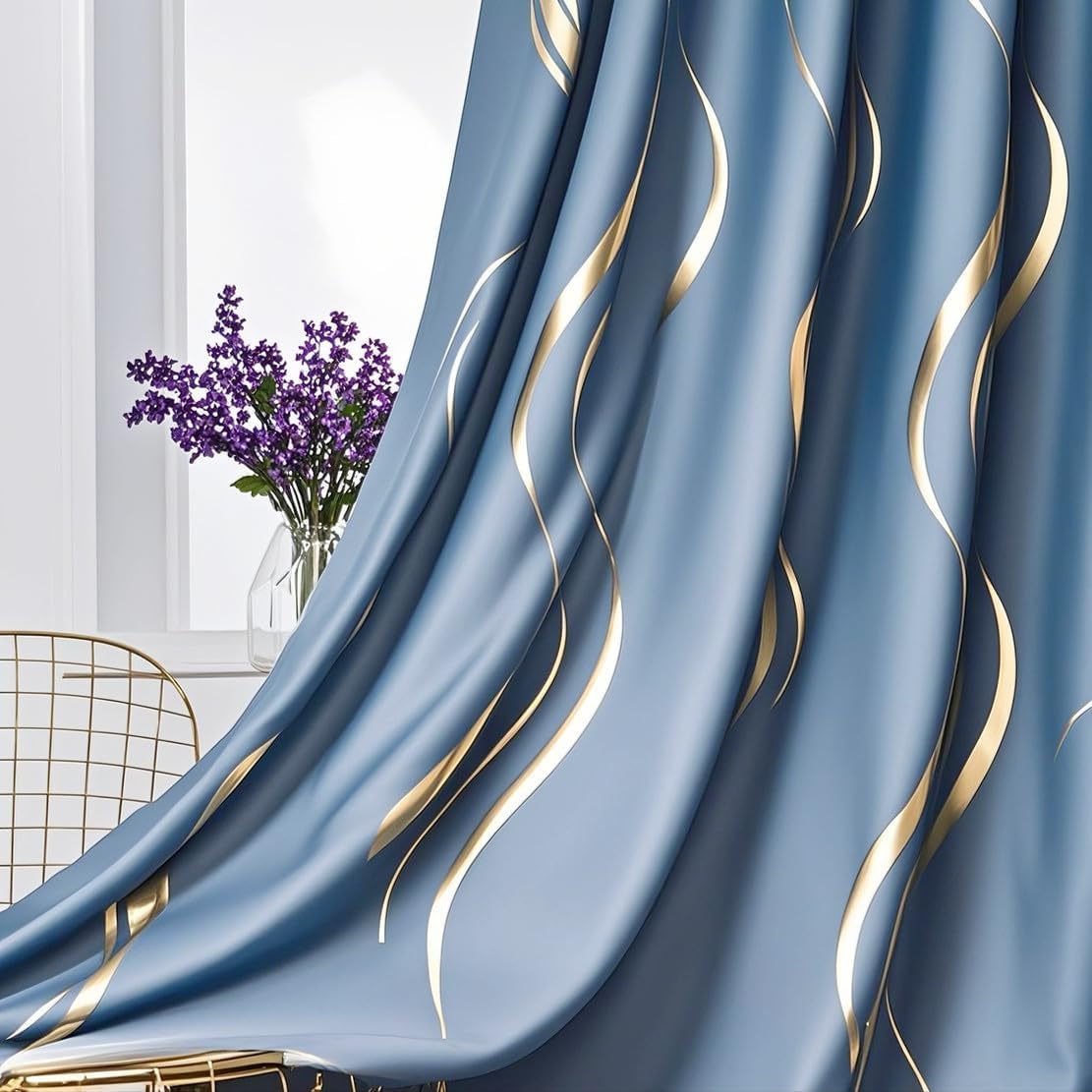 MYRU 2 Panels Set Luxury Striped Blackout Curtains for Bedroom Living Room (Blue and Gold, 2 x 66x84 Inch) - Image 3