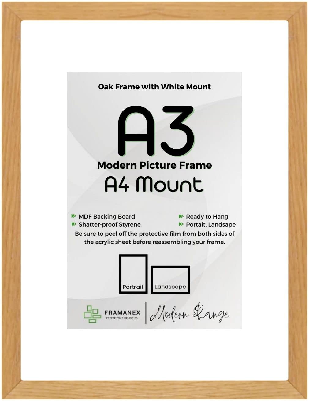 FRAMANEX OAK Large A3 Picture Poster Frame Size 11.7 X 16.5 inch, 29.7 X 42cm, 297 X 420mm with White mount to fit image print size A4, 8 X 12 inches, 21 X 30cm, 210 X 300mm [OAK A3/A4 Frame]