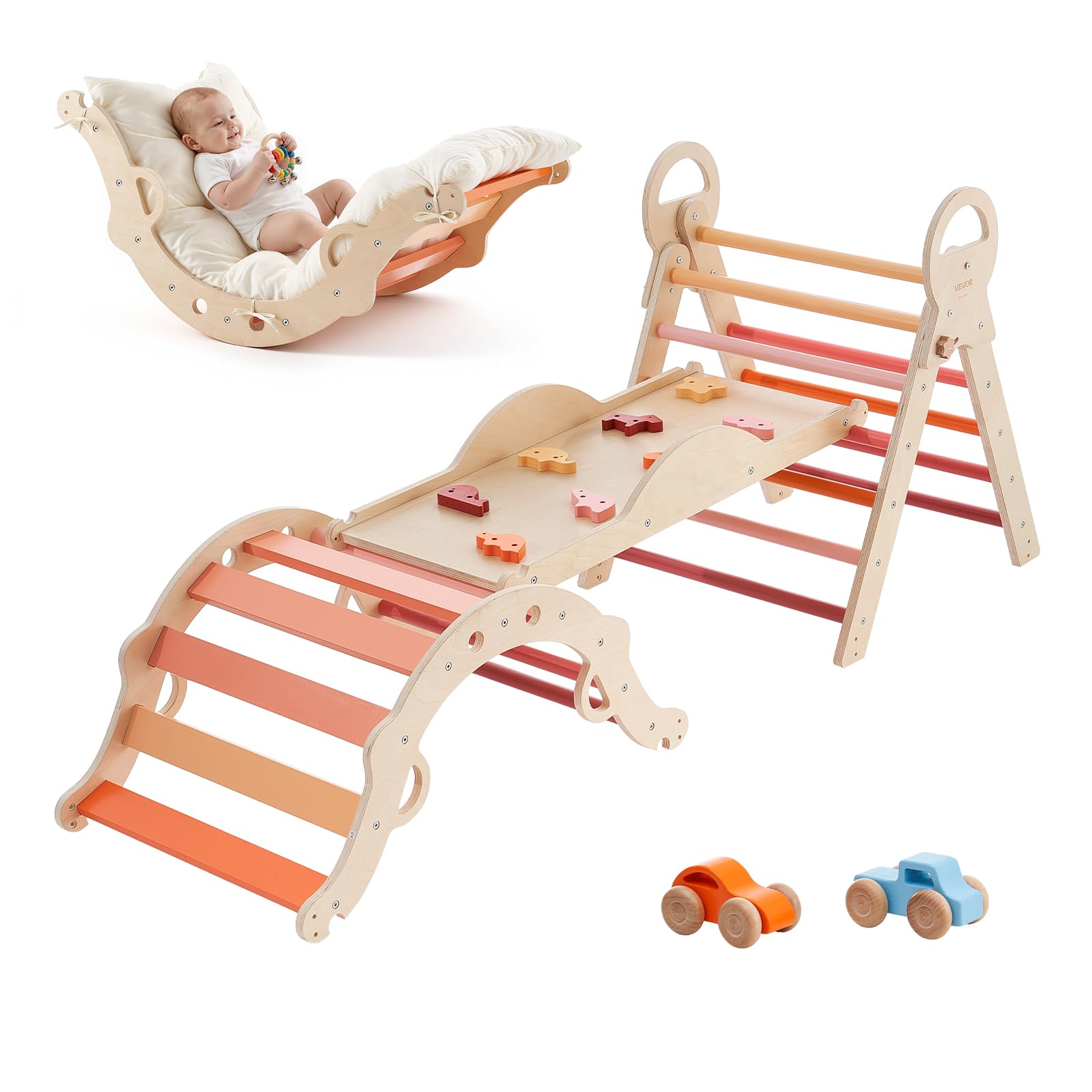 VEVOR Kletterdreieck, 9-in-1 Kletterspielzeug, mit Holzautos, Kissen, Kletterdreieck, Rutsche & Kletterbogen, bis 68 kg, Montessori Indoor Spielset für Kinder im Alter von 1 bis 3 Jahren, Orange