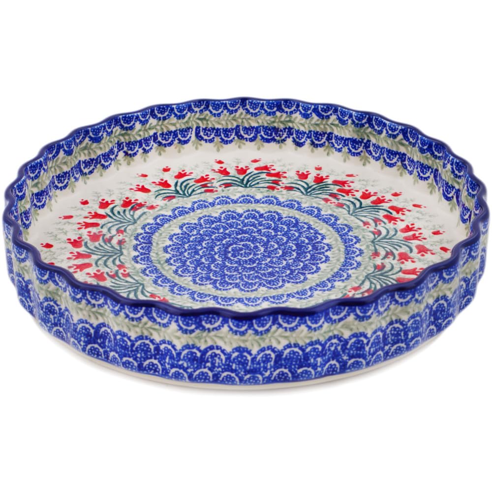 Authentic Polish Pottery Fluted Pie Dish in Crimson Bells Design Handmade in Boles?awiec Poland by Ceramika Artystyczna + Certificate of Authenticity