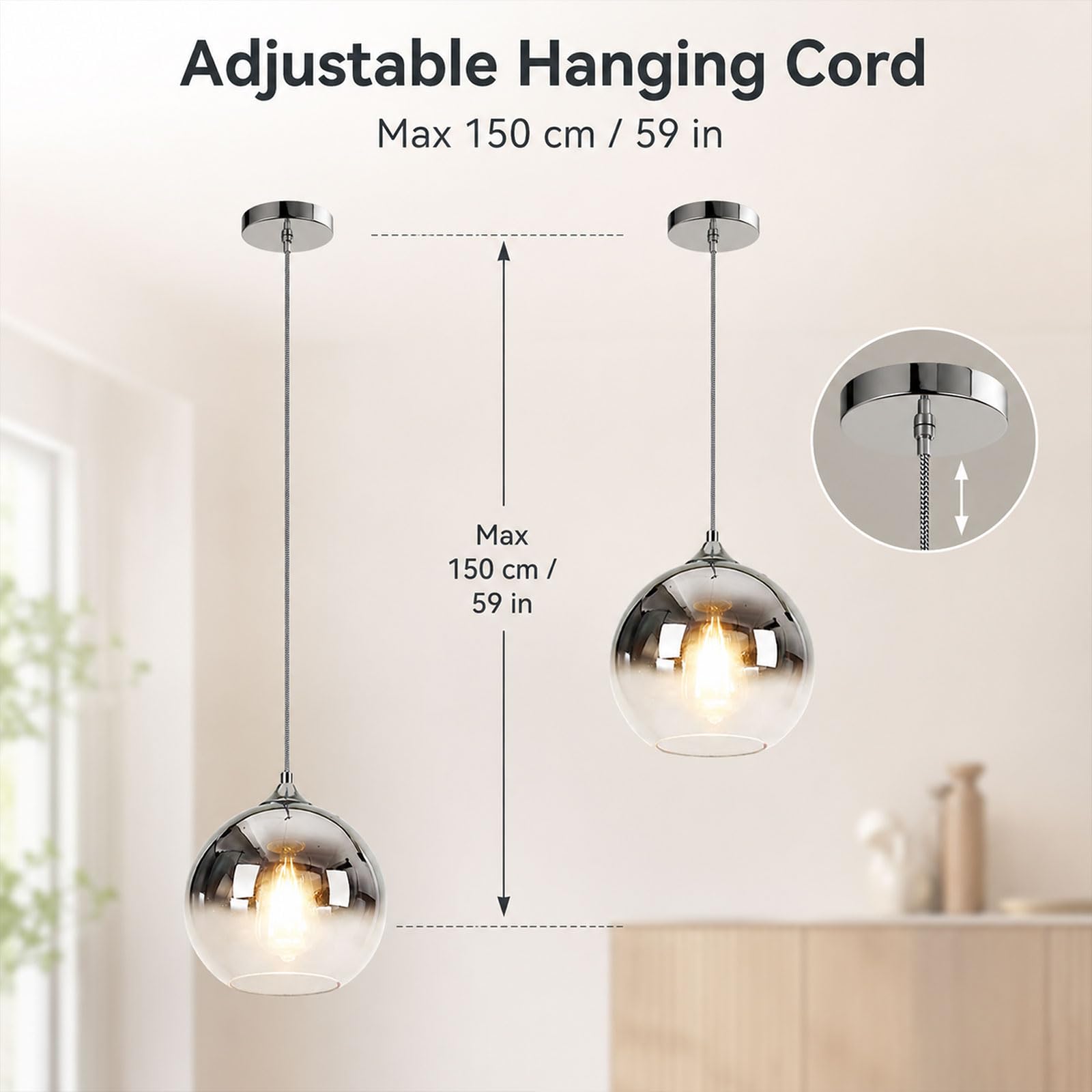 Lampada A Sospensione Globe 20 CM, Mini In Vetro Con Cavo Regolabile, Attacco E27, Luce Calda 3000K, Collegamento Diretto, Per Isola Cucina, Sala Da Pranzo, Camera, Lampadina Inclusa