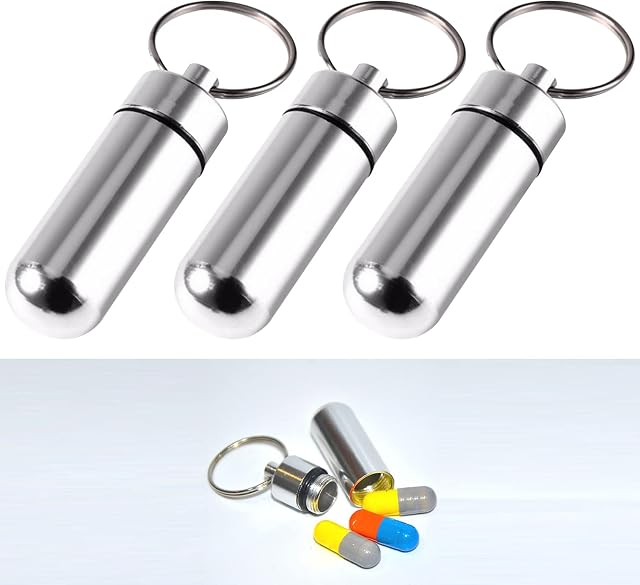 3 pcs Waterproof Mini Aluminum Pill Box, Pocket Pill Case Portable Container Keychain Pill Holder Pill Container for Outdoor Travel Camping Hiking(Silver)
