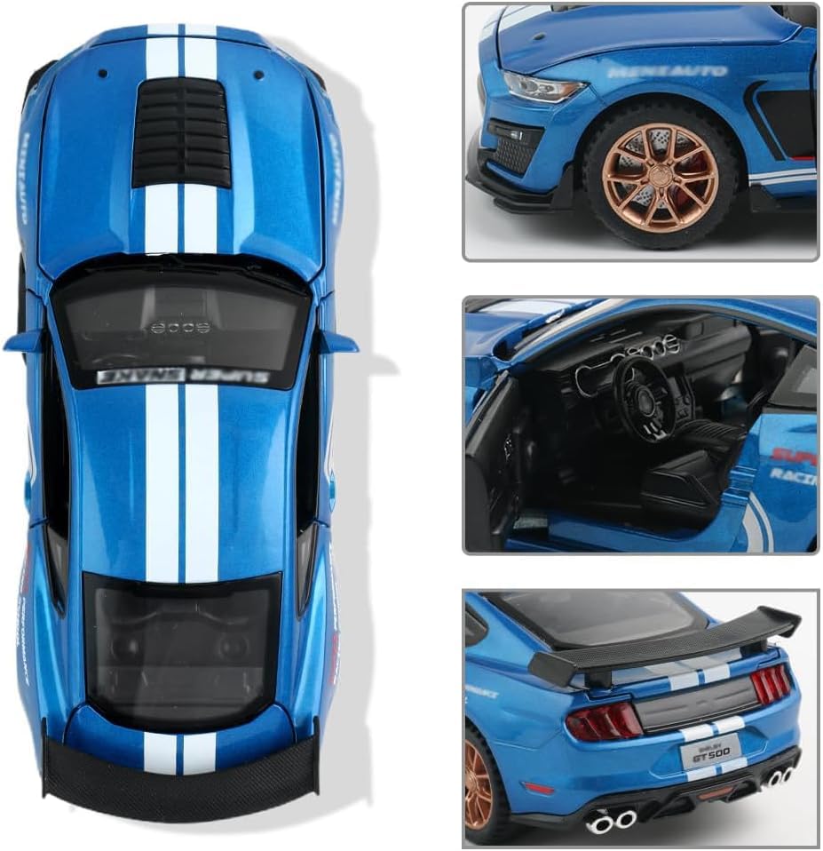 Image of Mustang Shelby GT500 Toy Car Scale Model,Pull Back Vehicles Alloy Simulation Supercar with Lights and Sound Also for Car Dashboard,Kids,Adult (Blue)
