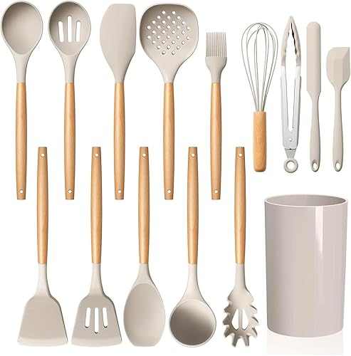 LIANYU Juego de utensilios de cocina de 15 piezas con soporte, utensilios de cocina de silicona que incluyen espátula, pinzas, espátula, espátula,