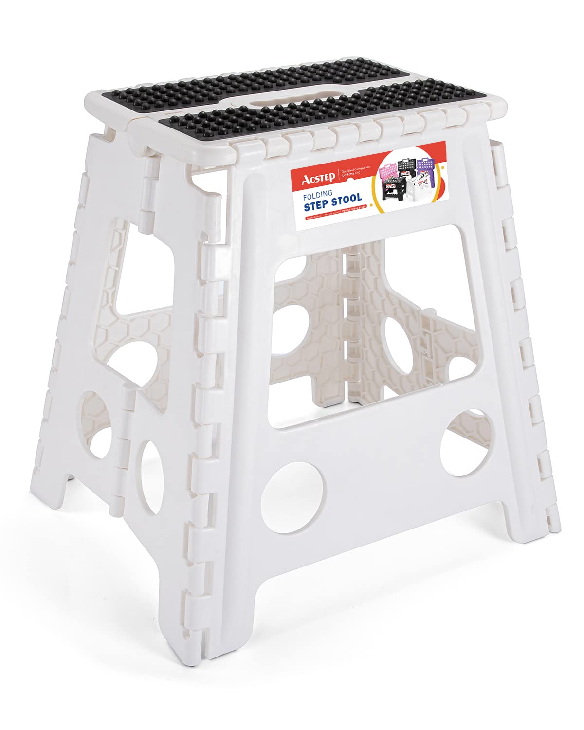 Photo 1 of ACSTEP Folding Step Stool 16 Inch Step Stools for Adults and Kids Non-Slip Foldable Step Stool Plastic Collapsible Stepping Stool with Handle Holds Up to 300 LBS Dot White (1 Pack) Dot White 16 Inch
