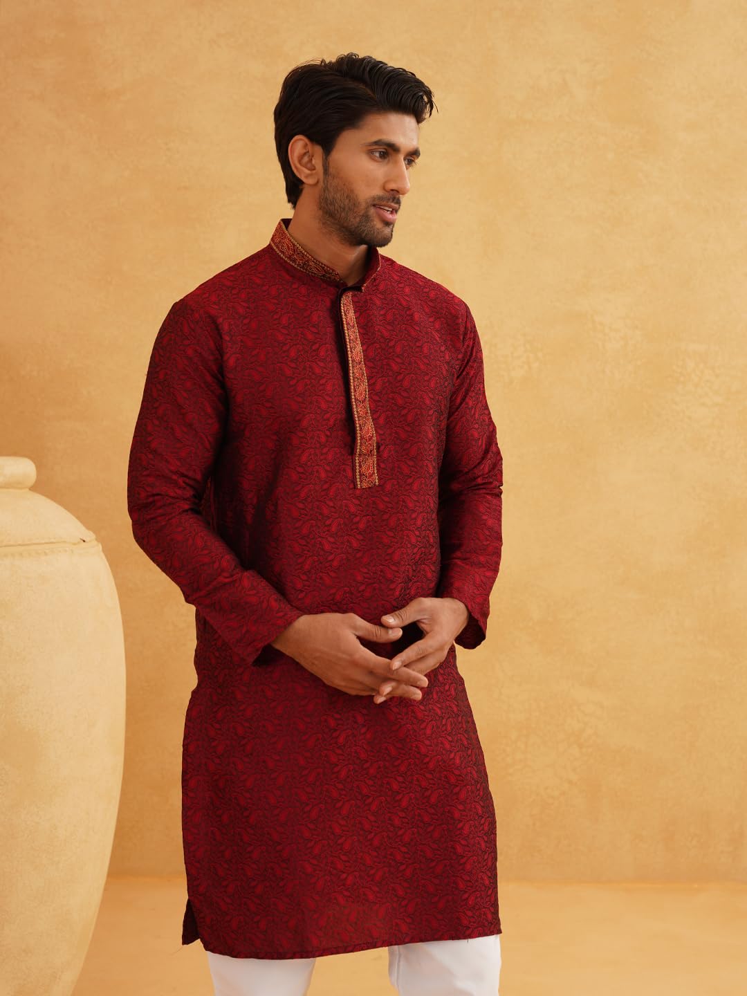 Sojanya (Since 1958 Men's Silk Blend Maroon Color Only Long Kurta With Neck Embroidery