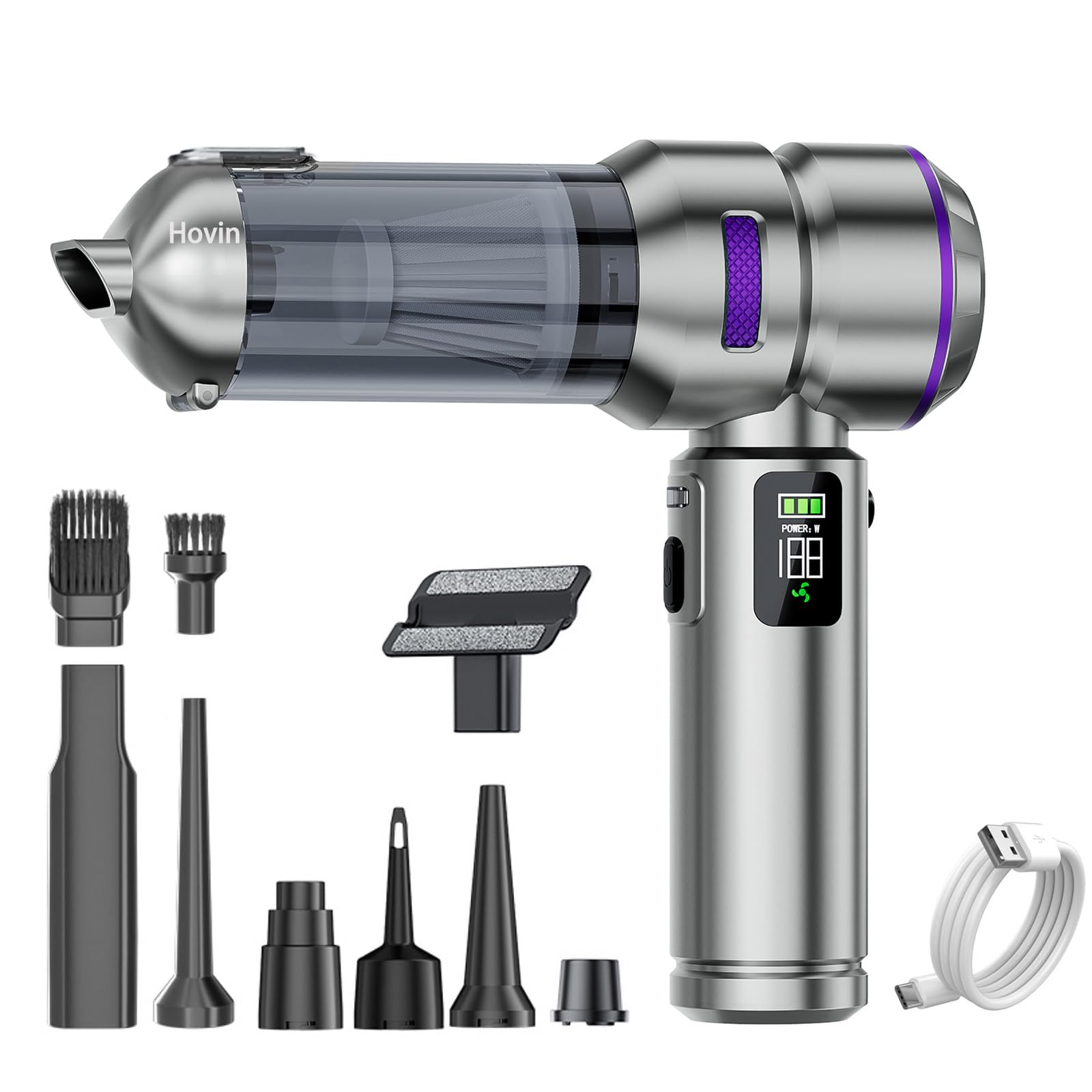 HOVIN Aspirador de Mano – 26000 pa Aspiradora Coche, Aspiradora de Mano Potente, 4 en 1 Mini Aspiradora de Mano con Motor Sin Escobillas, 3 Niveles, para PC, Mascotas, Casa, Coche — view 9