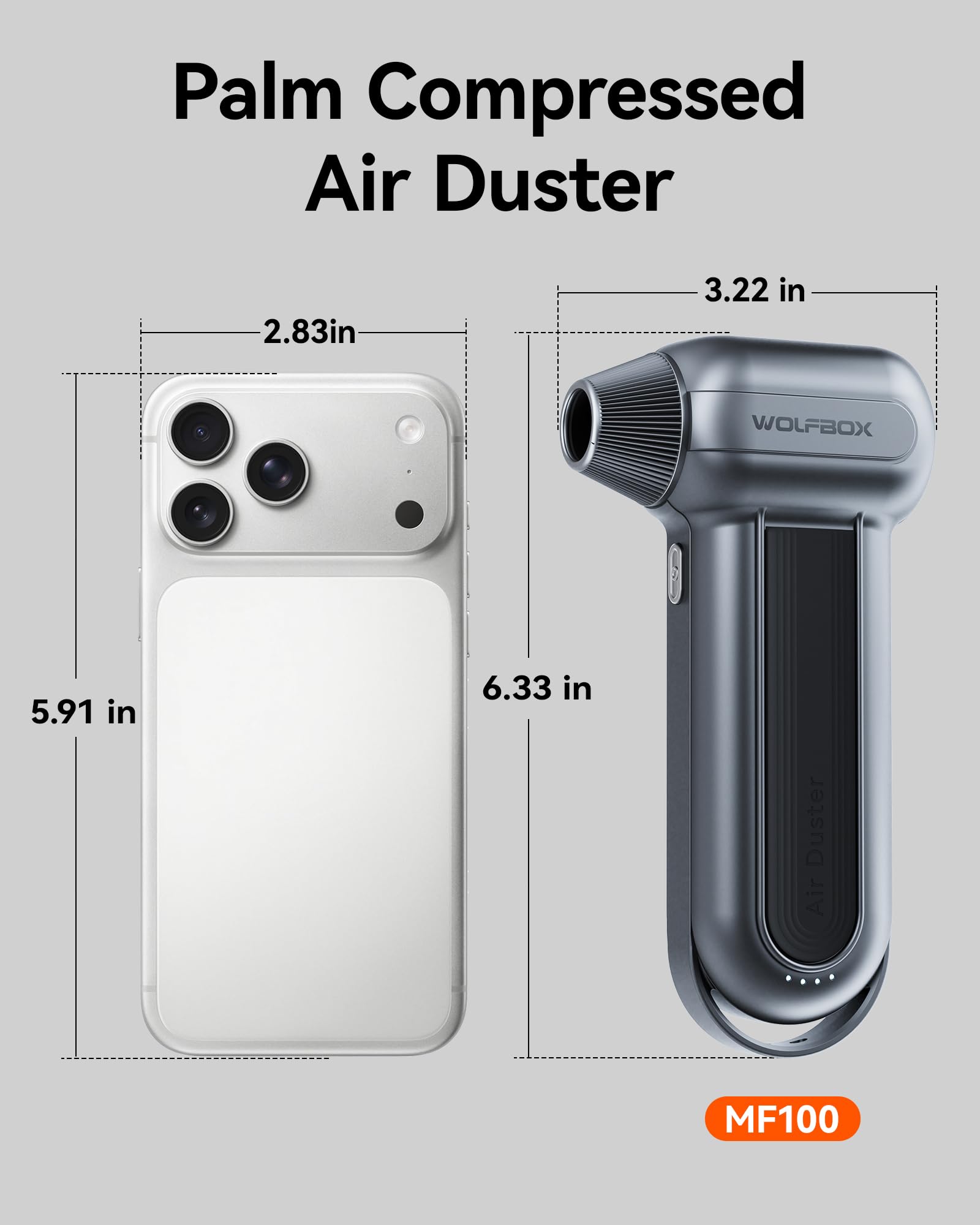 WOLFBOX MF100 Soffiatore d'Aria Elettrico - 150000 RPM, Senza Fili, Motore Brushless Ricaricabile, 3 Marce Regolabili per Computer, Tastiera, Casa e Auto