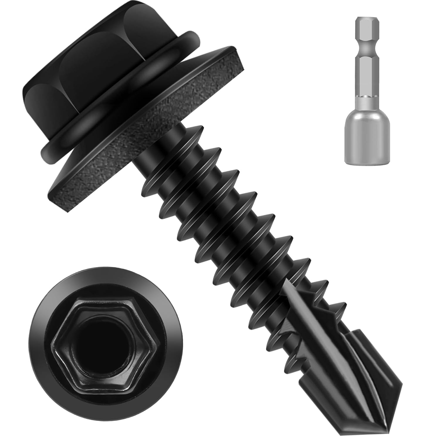 #10 x 3/4" Metal Roofing Screws, 50 PCS, Hex Head Self Tapping Screws for Metal with Rubber Washer, Self Drilling Sheet Metal Screw, Hex Bit Socket Included, Black